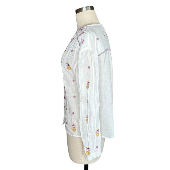 HOSS INTROPIA Button Down V-Neck Blouse Women's Size 6 White Embroidered Boho - Picture 2 of 5